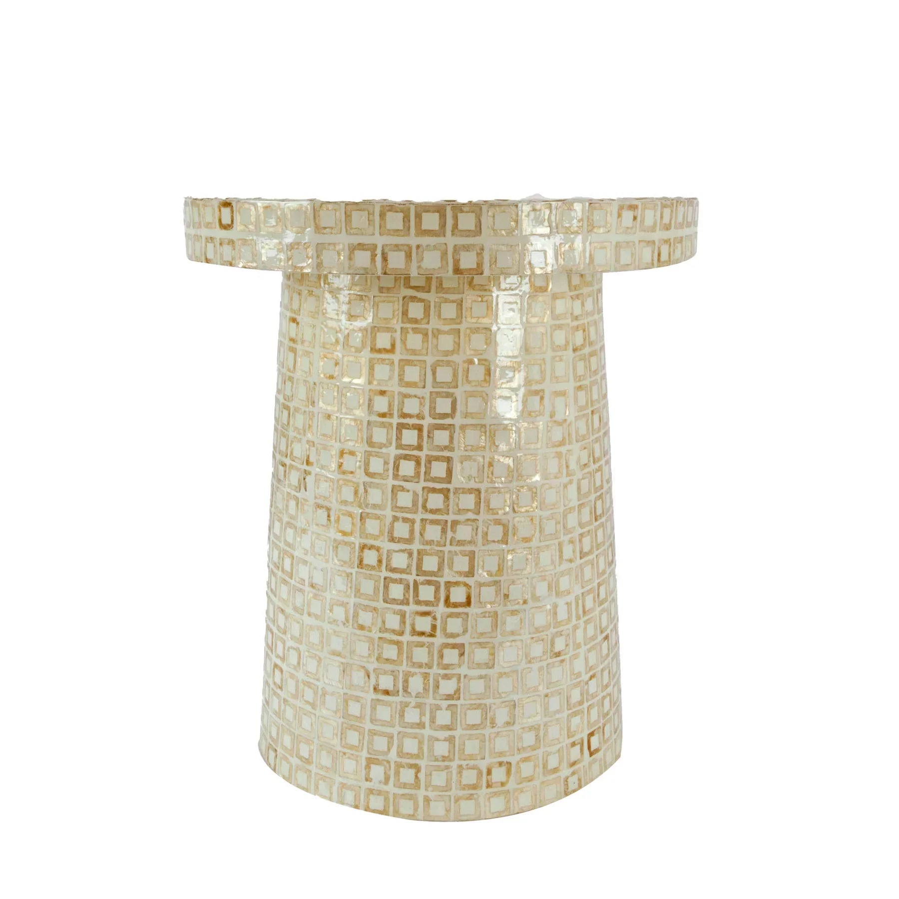 Three-quarter view of the Waterlily side table featuring a circular top and cylindrical pedestal base covered in a geometric cream capiz shell mosaic
