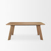 Front view of the 84 inch Welborn dining table featuring a light brown wood finish and a clean rectangular silhouette with angled block legs