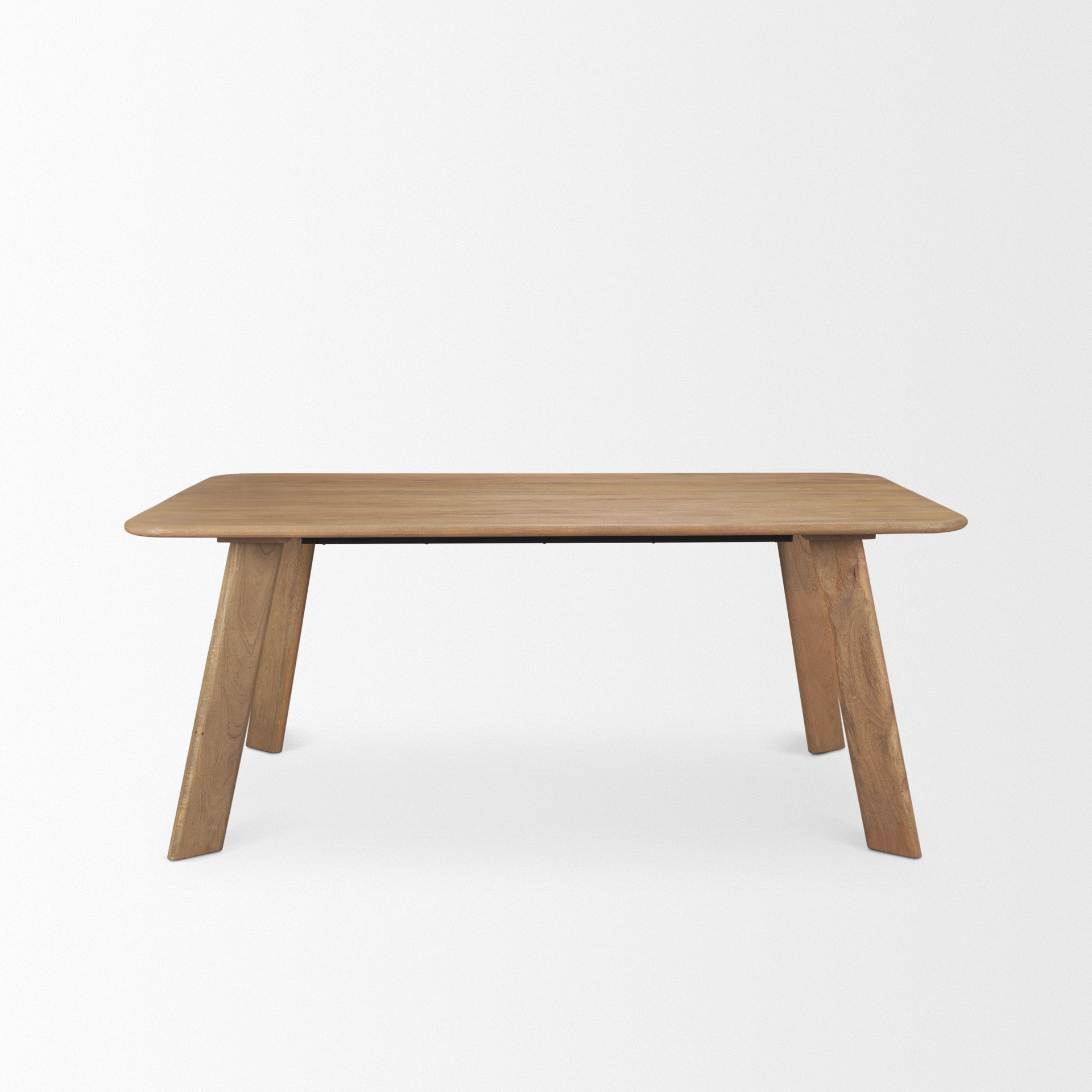 Front view of the 84 inch Welborn dining table featuring a light brown wood finish and a clean rectangular silhouette with angled block legs