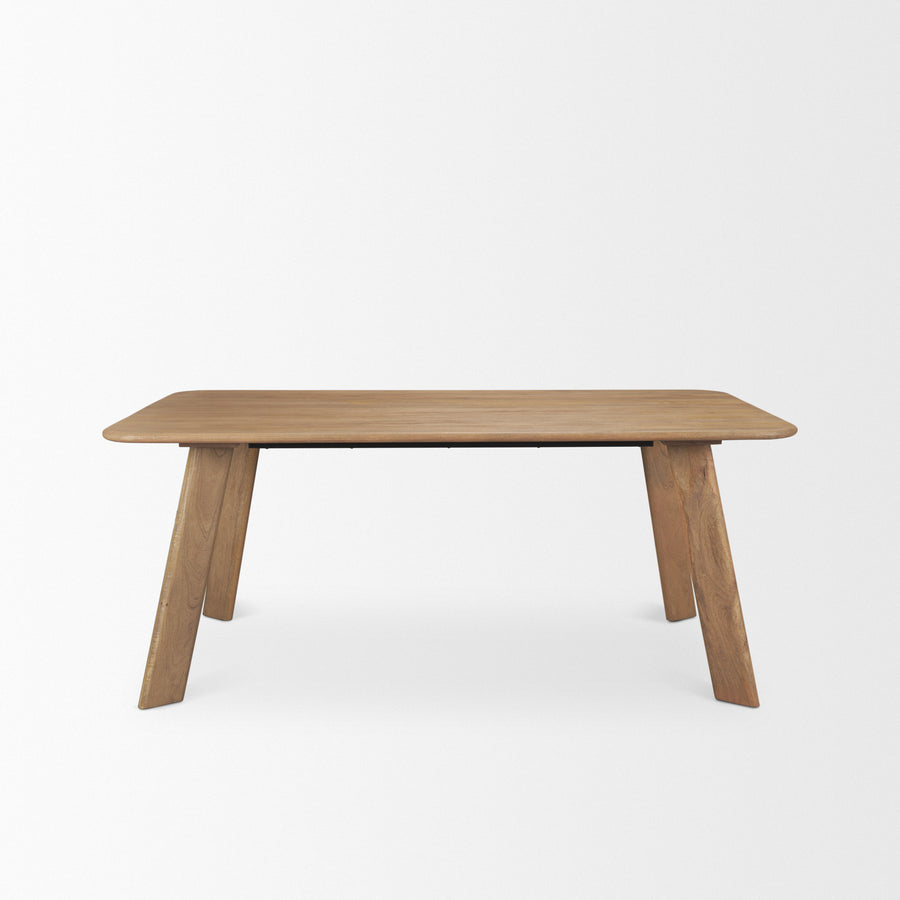 Front view of the 84 inch Welborn dining table featuring a light brown wood finish and a clean rectangular silhouette with angled block legs