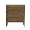 Front view of the West 5-drawer vertical chest featuring a rich natural wood finish, dark circular knobs, and a top drawer with vertical fluted detailing