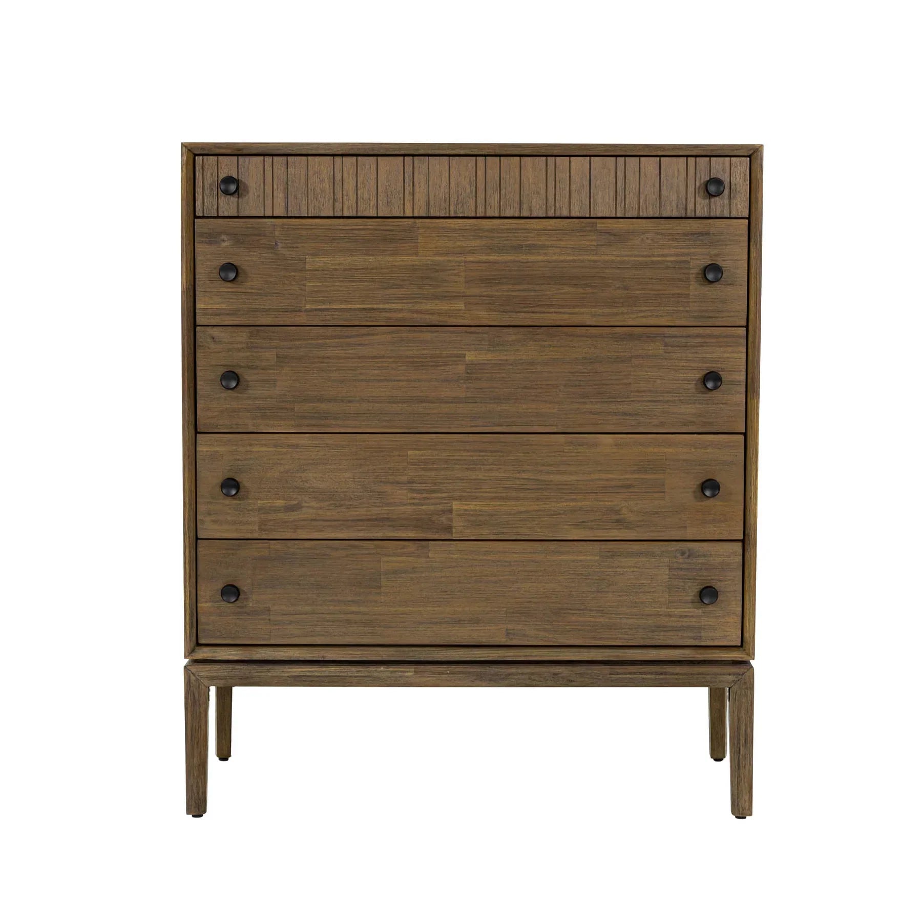 Front view of the West 5-drawer vertical chest featuring a rich natural wood finish, dark circular knobs, and a top drawer with vertical fluted detailing