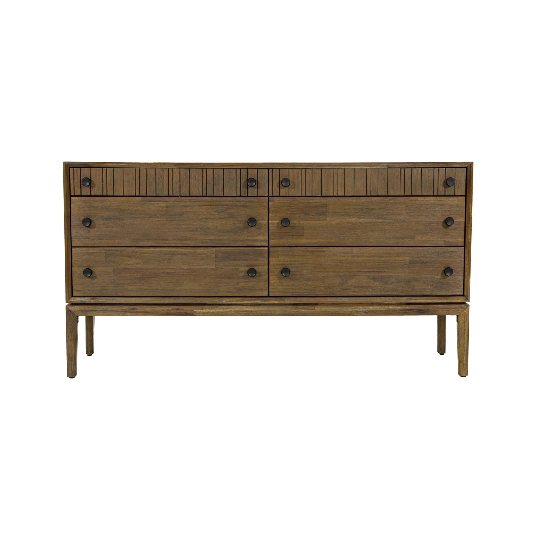 Front view of the West 6-drawer double dresser featuring a rich natural wood finish, dark circular knobs, and top drawers with vertical fluted detailing