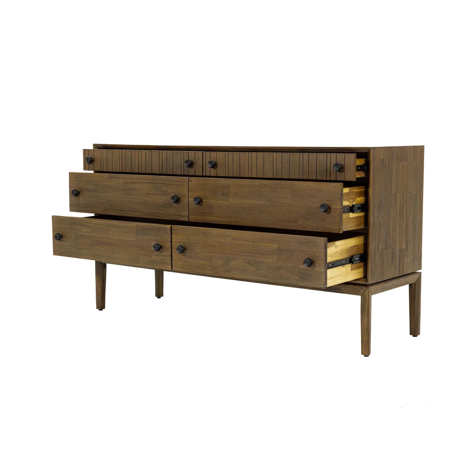 Front view of the West 6-drawer double dresser featuring a rich natural wood finish, dark circular knobs, and top drawers with vertical fluted detailing
