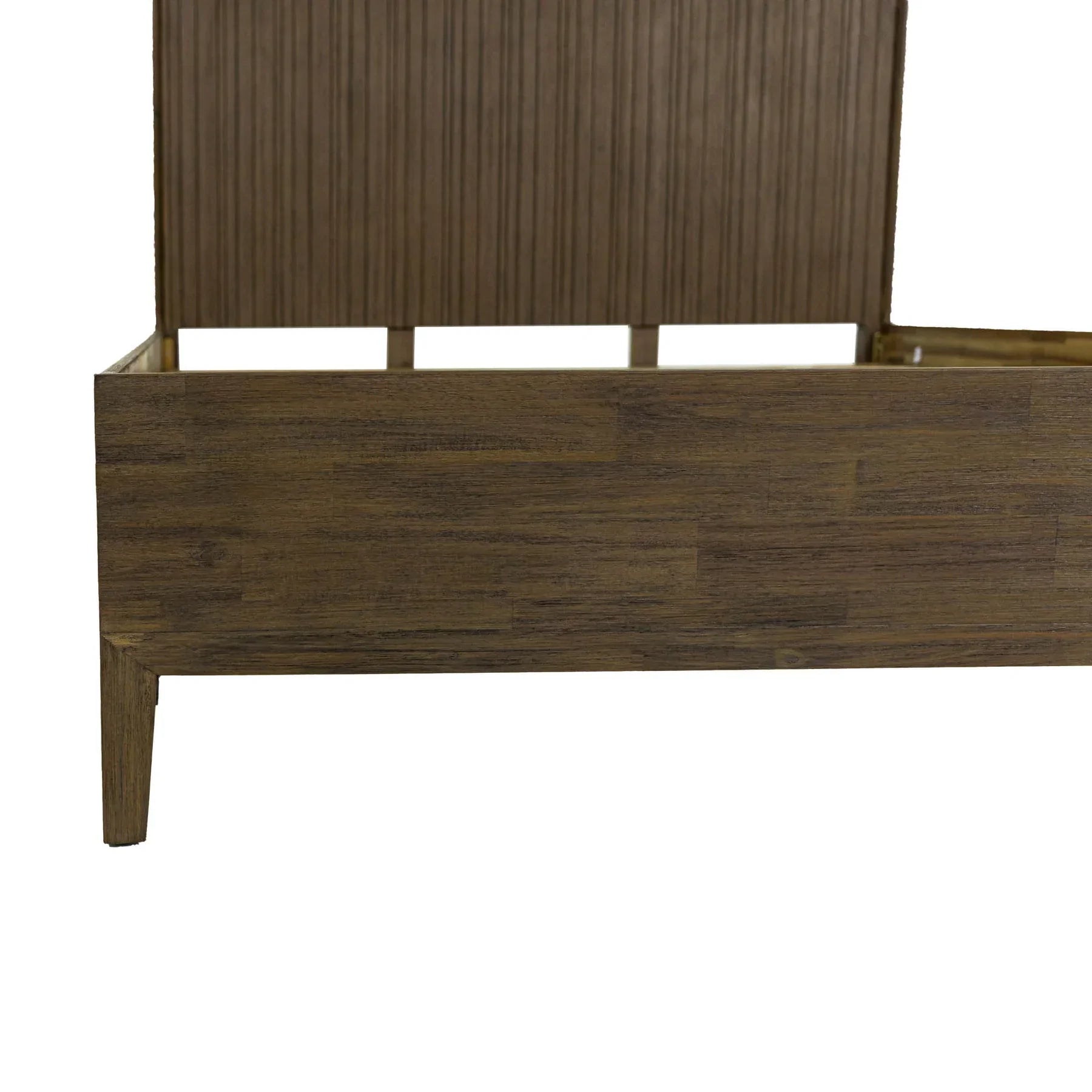 Front view of the West king platform bed featuring a tall vertical slatted wood headboard in a rich walnut finish
