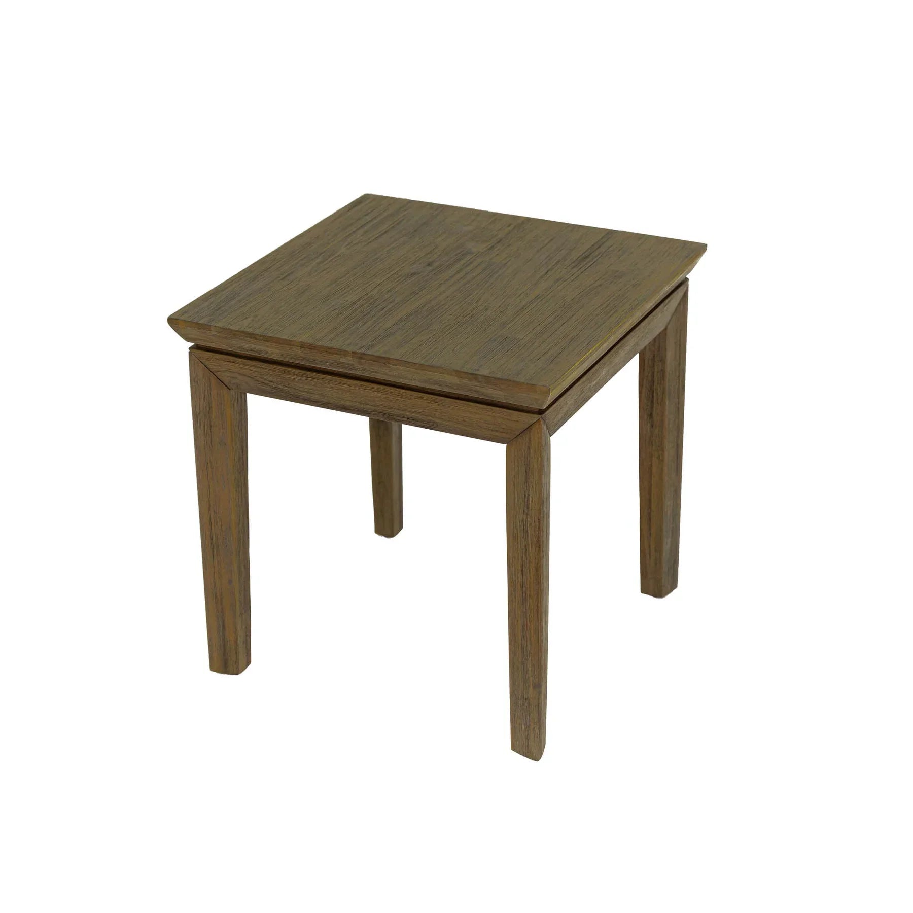 Profile view of the West side table featuring a modern C-shaped cantilever design in light brown wood