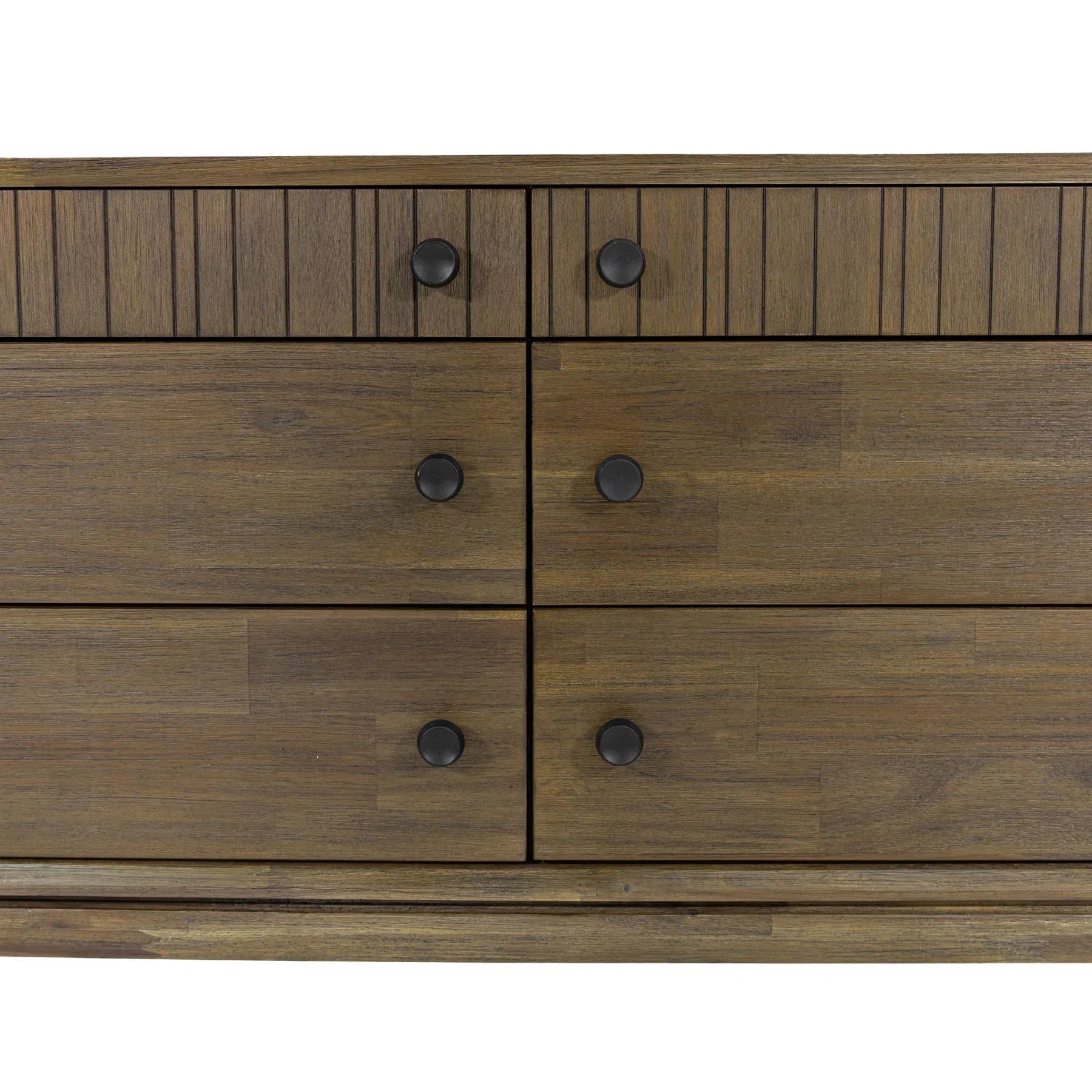 Front view of the West 6-drawer double dresser featuring a rich natural wood finish, dark circular knobs, and top drawers with vertical fluted detailing