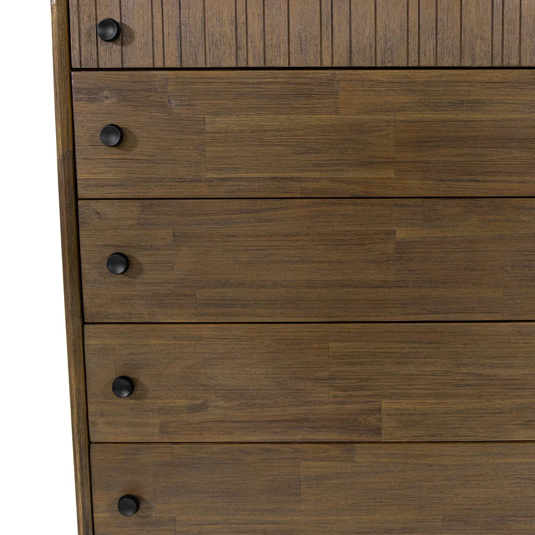 Front view of the West 5-drawer vertical chest featuring a rich natural wood finish, dark circular knobs, and a top drawer with vertical fluted detailing