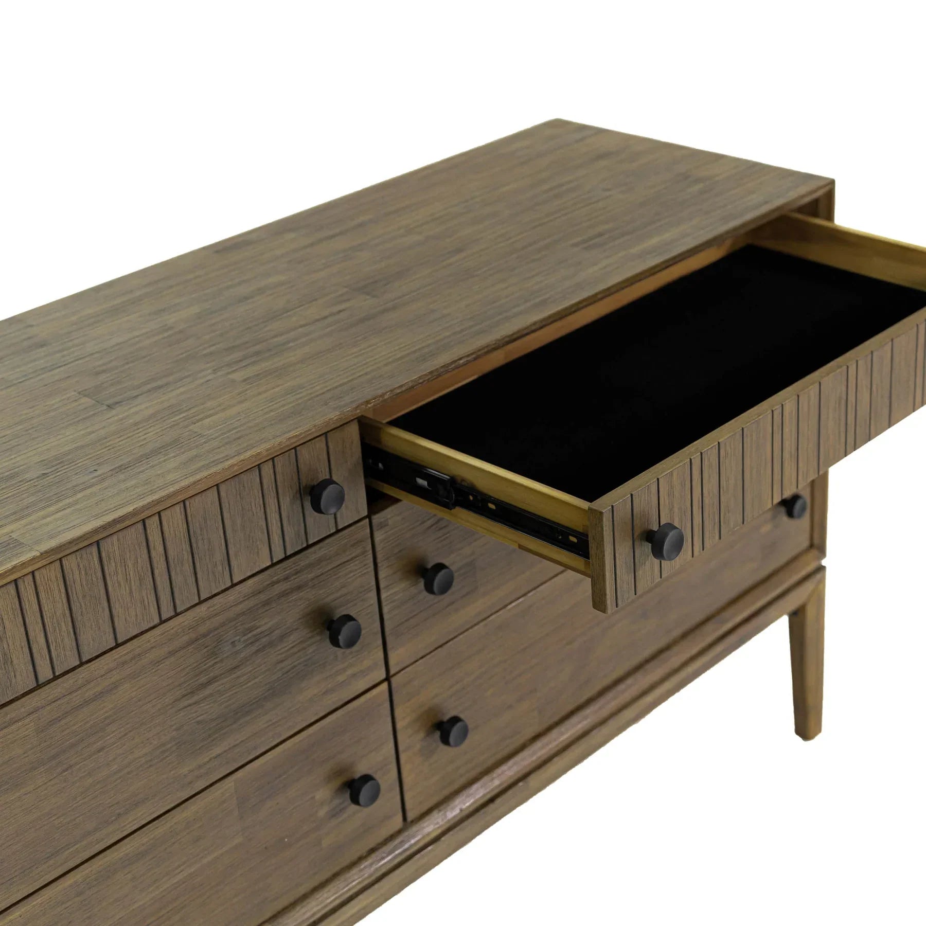Front view of the West 6-drawer double dresser featuring a rich natural wood finish, dark circular knobs, and top drawers with vertical fluted detailing