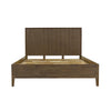 Front view of the West king platform bed featuring a tall vertical slatted wood headboard in a rich walnut finish