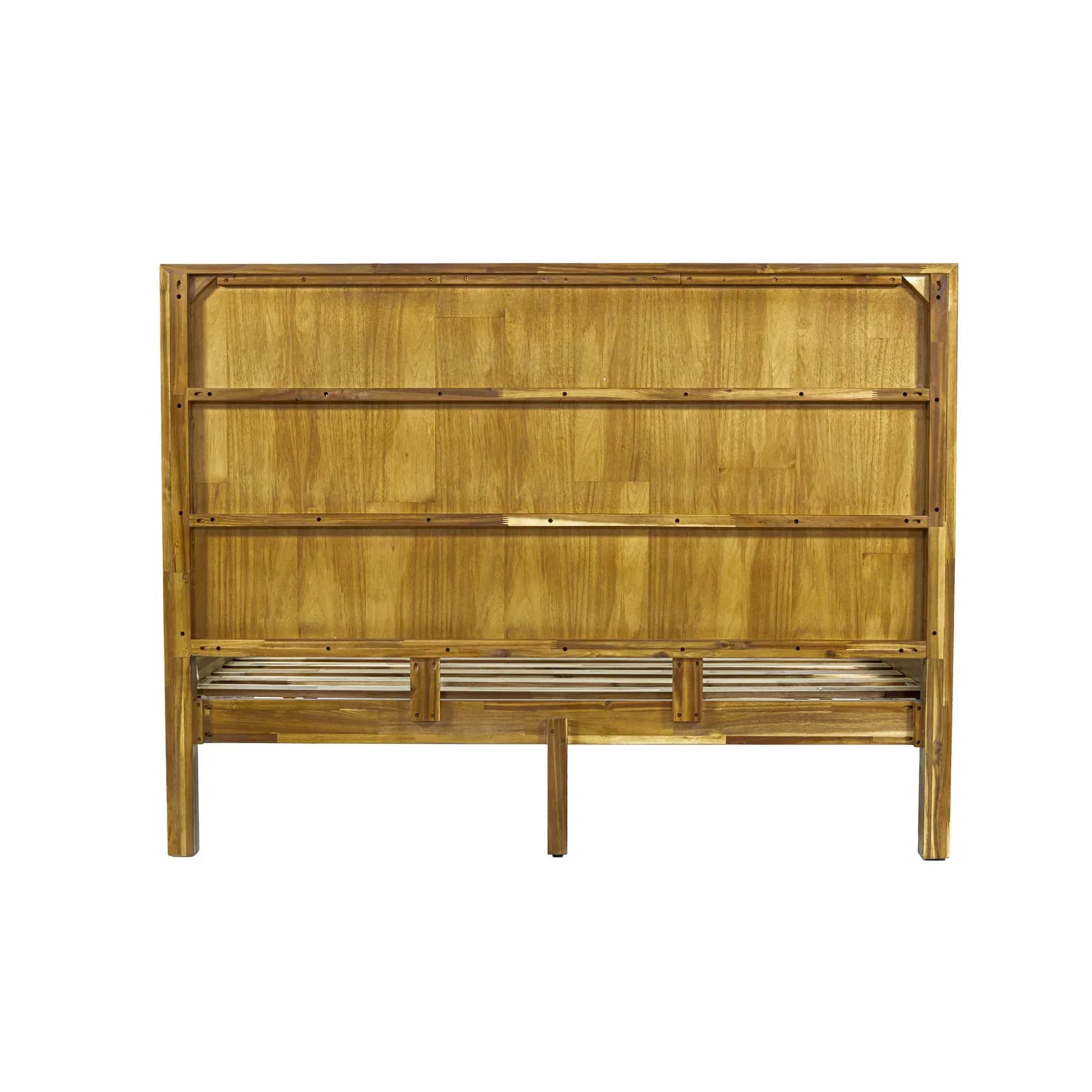 Front view of the West king platform bed featuring a tall vertical slatted wood headboard in a rich walnut finish