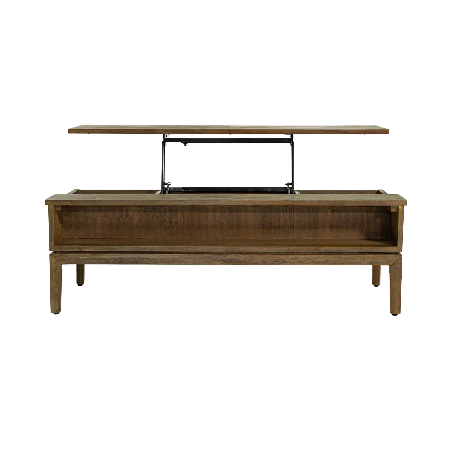 Front view of the West coffee table with the lift-top mechanism extended to reveal internal storage compartments