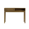 Front view of the West console table in a rich wood finish featuring a slim architectural frame, an integrated drawer with fluted texture, and an open storage cubby