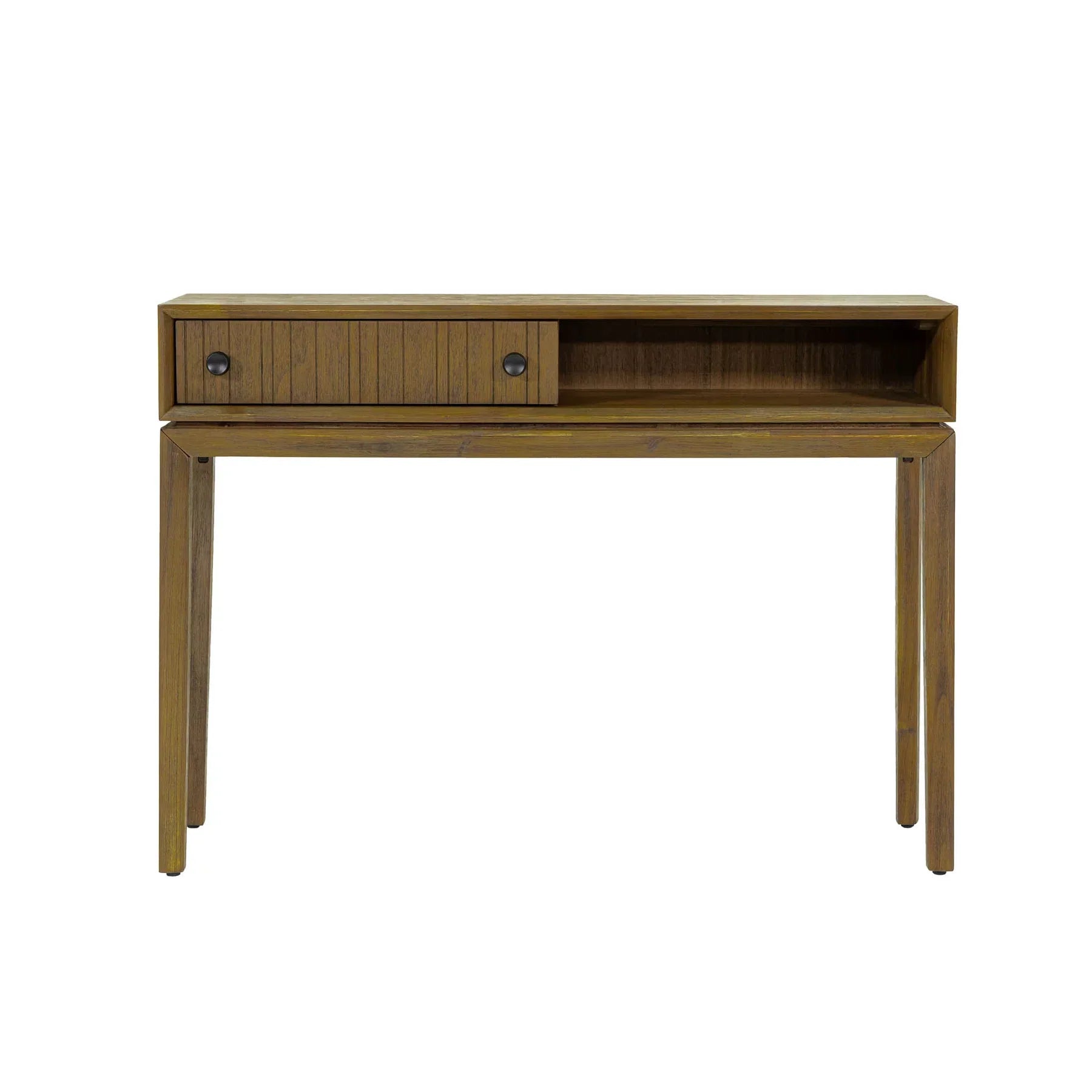 Front view of the West console table in a rich wood finish featuring a slim architectural frame, an integrated drawer with fluted texture, and an open storage cubby