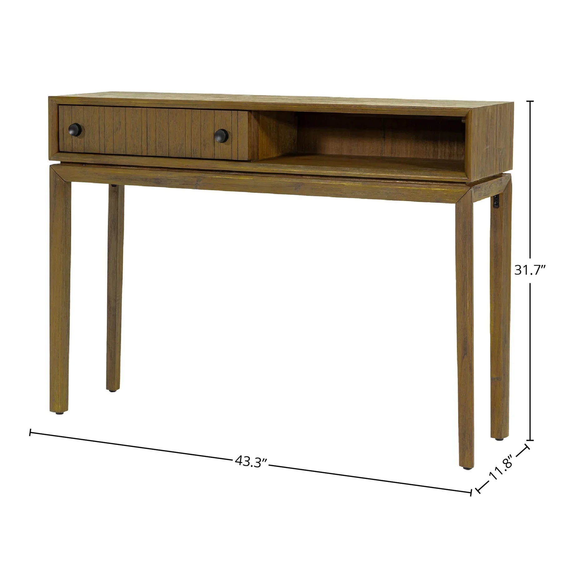 Front view of the West console table in a rich wood finish featuring a slim architectural frame, an integrated drawer with fluted texture, and an open storage cubby