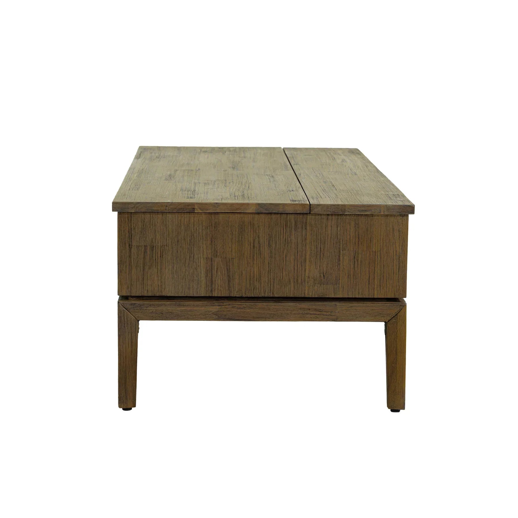 Front view of the West coffee table with the lift-top mechanism extended to reveal internal storage compartments