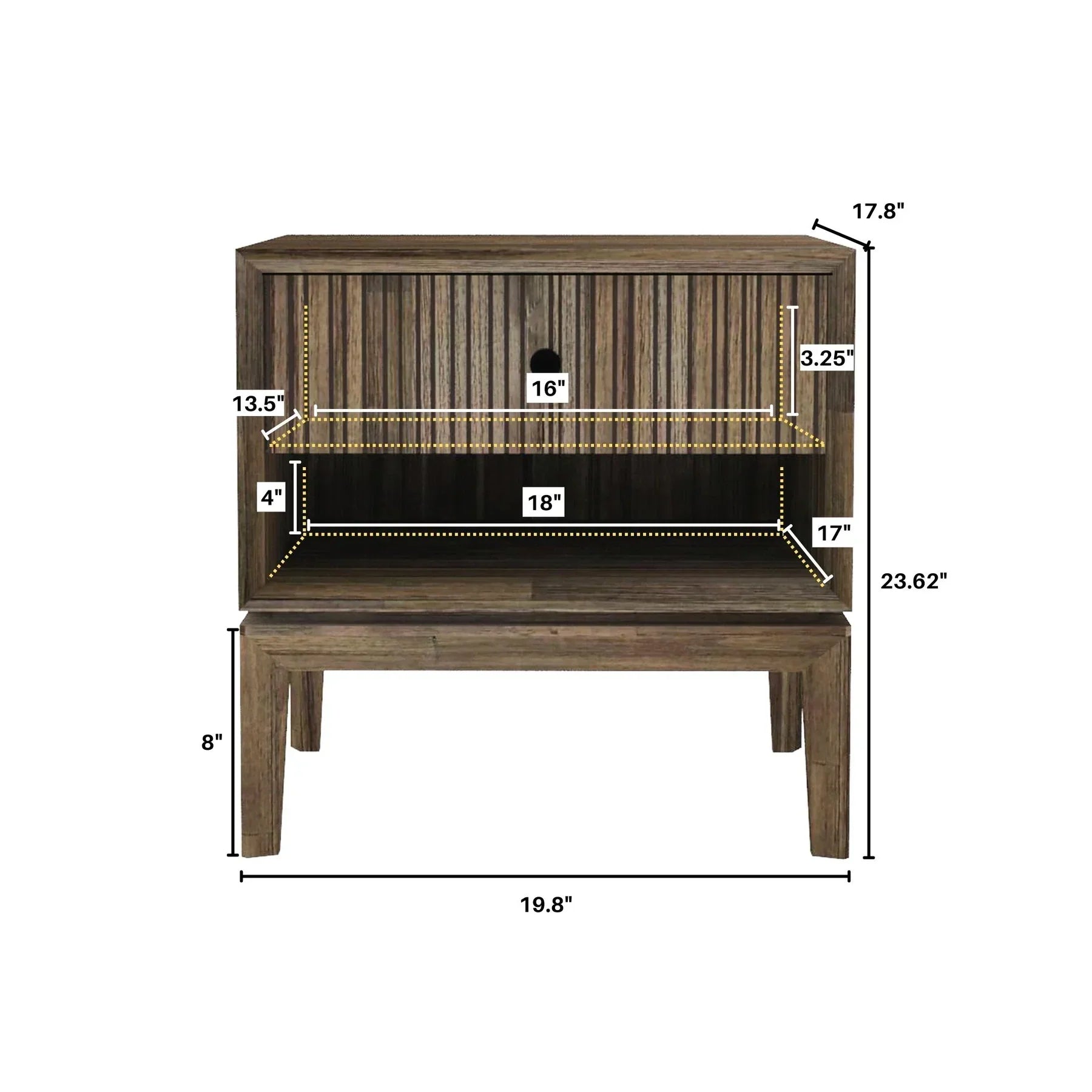 Front view of the West nightstand featuring a rich walnut finish, a single drawer with vertical ribbed detailing, and a lower open storage shelf