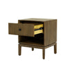 Side-angle view with the drawer open showcasing the smooth metal glides and the tactile texture of the vertical wood ribbing
