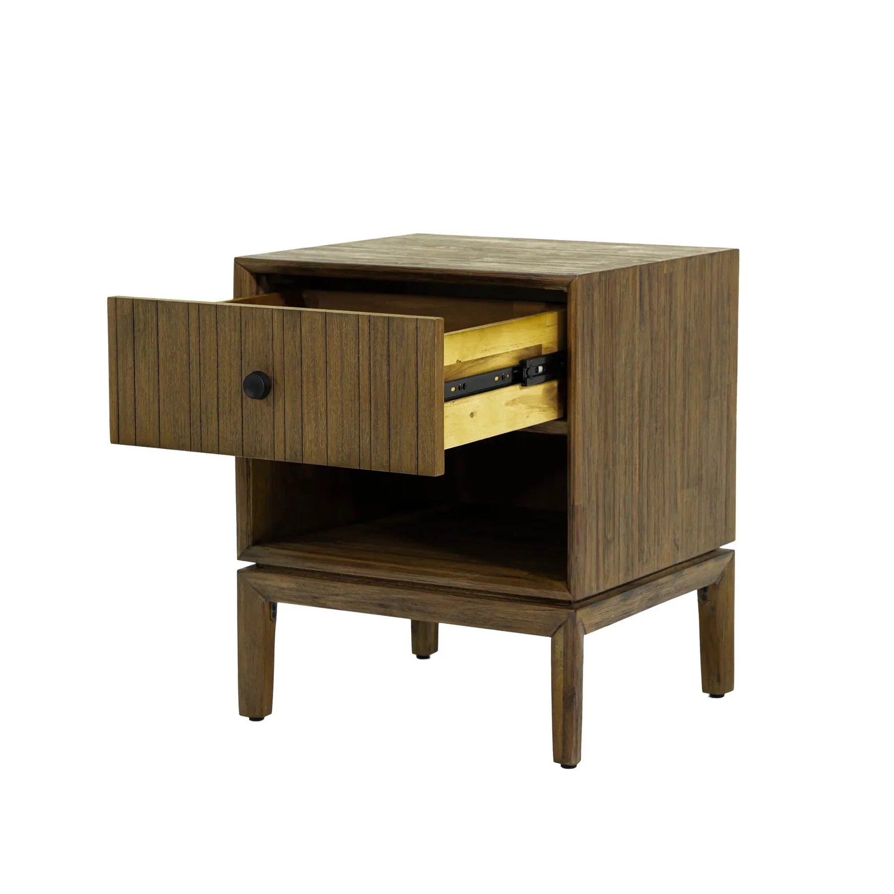 Front view of the West nightstand featuring a rich walnut finish, a single drawer with vertical ribbed detailing, and a lower open storage shelf