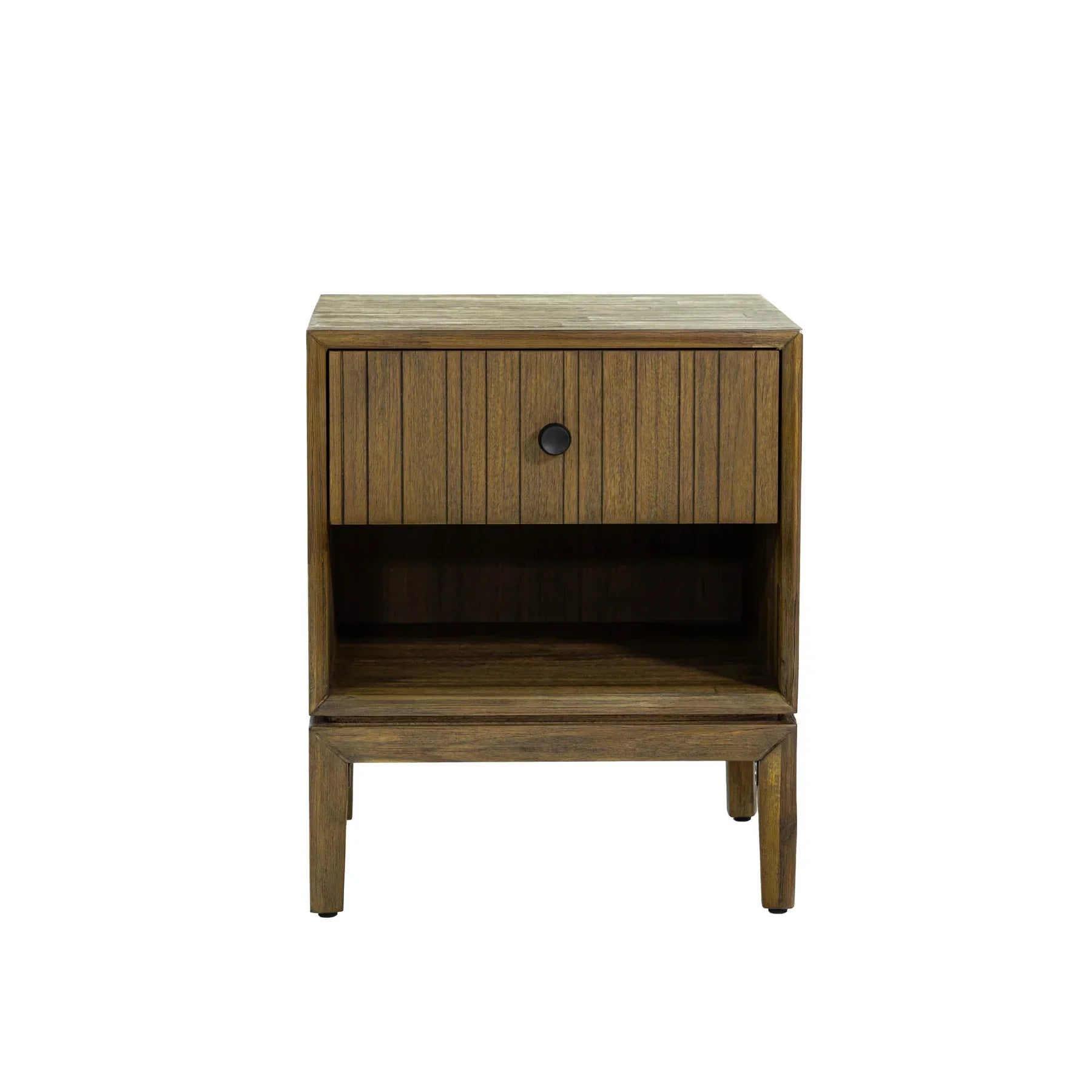 Front view of the West nightstand featuring a rich walnut finish, a single drawer with vertical ribbed detailing, and a lower open storage shelf