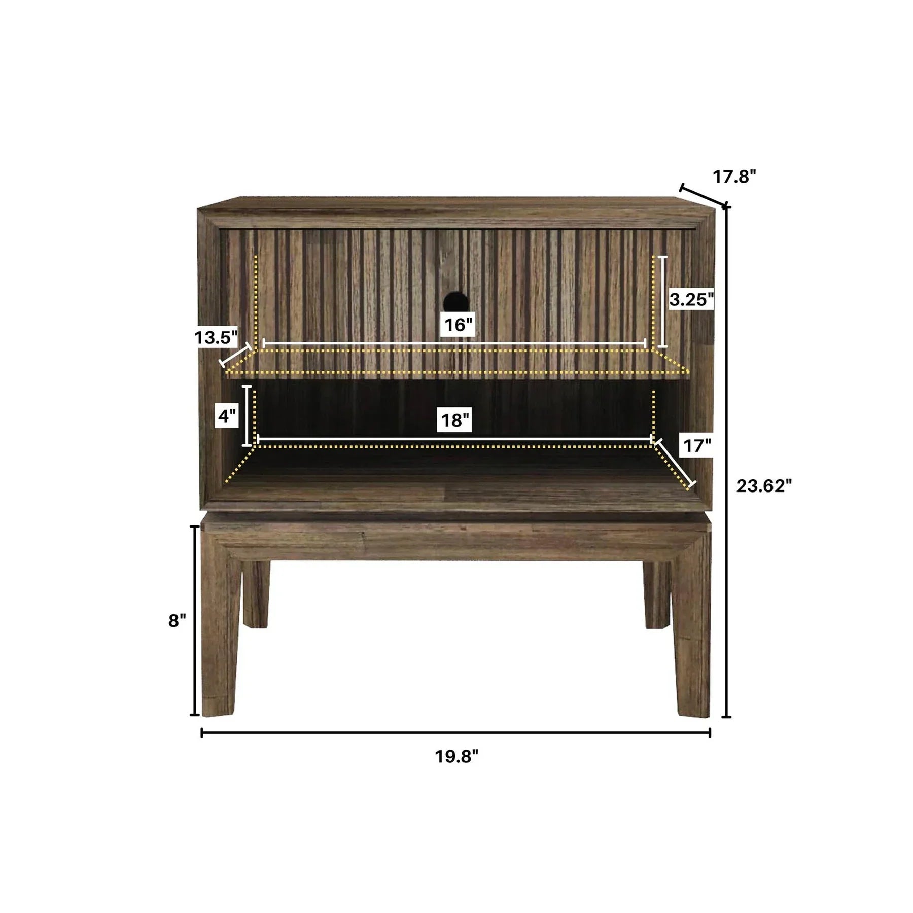 Front view of the West nightstand featuring a rich walnut finish, a single drawer with vertical ribbed detailing, and a lower open storage shelf