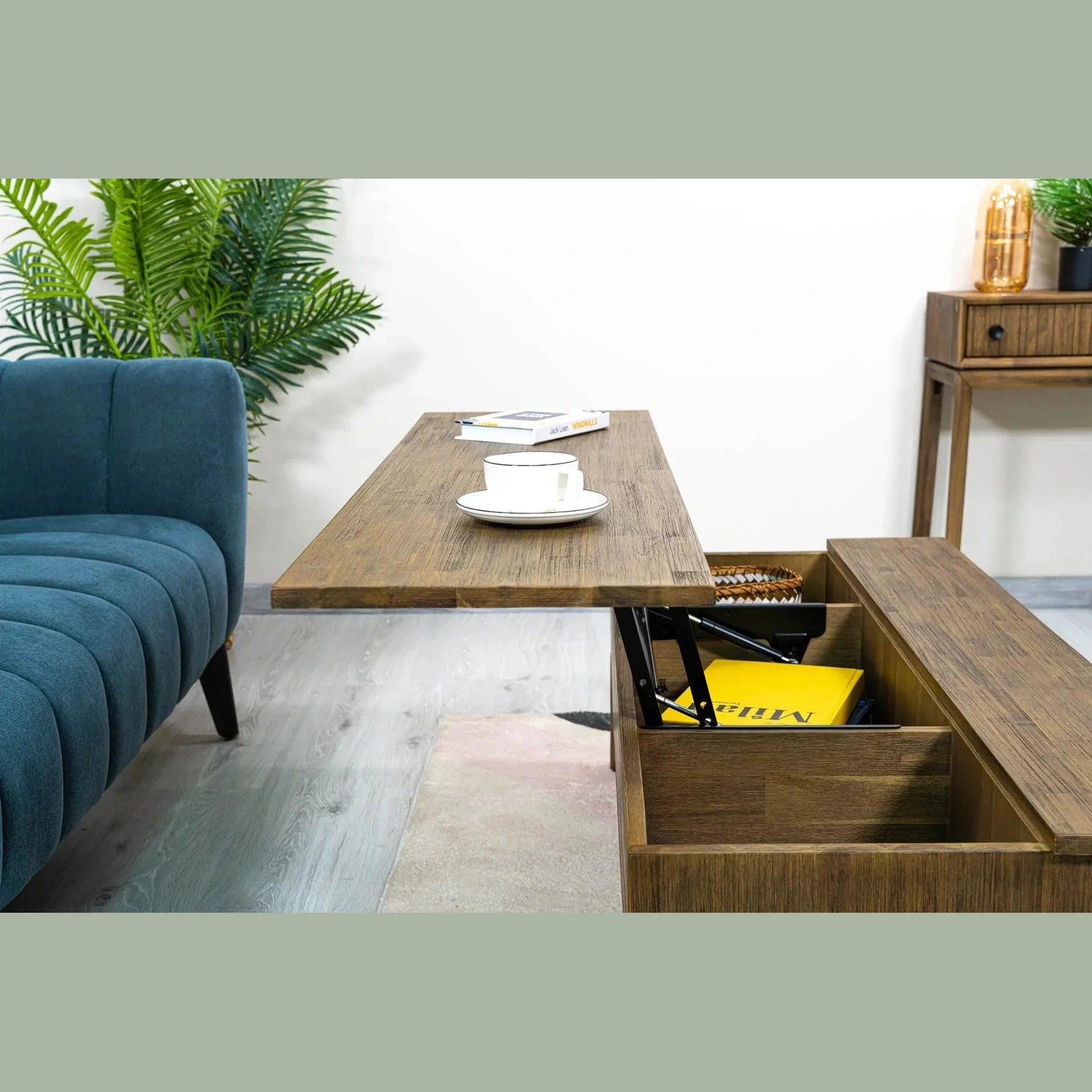 Front view of the West coffee table with the lift-top mechanism extended to reveal internal storage compartments