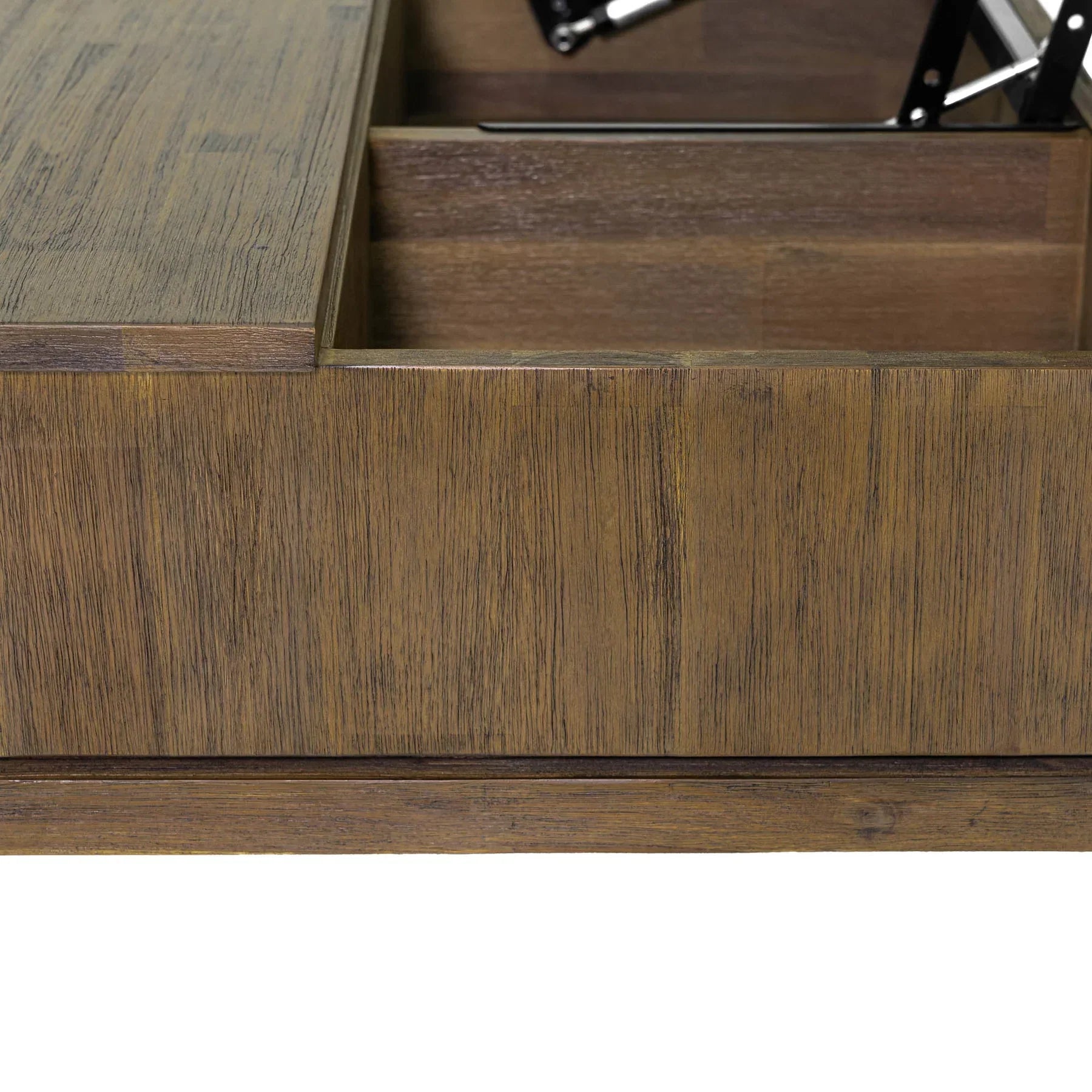 Front view of the West coffee table with the lift-top mechanism extended to reveal internal storage compartments