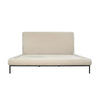 Front view of the West Winter bed featuring a soft cream fabric upholstery and a minimalist slim black metal frame