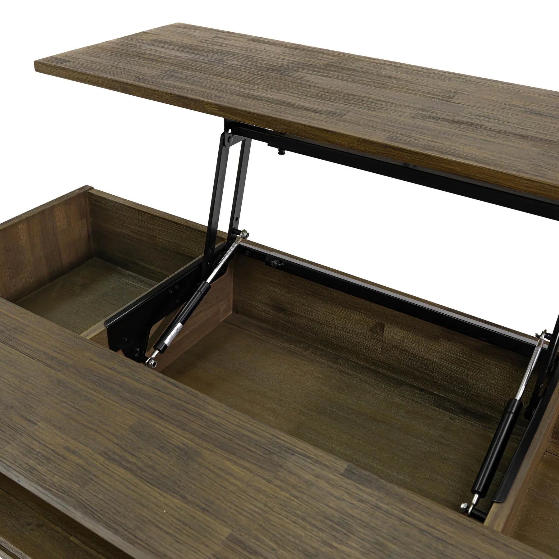 Front view of the West coffee table with the lift-top mechanism extended to reveal internal storage compartments