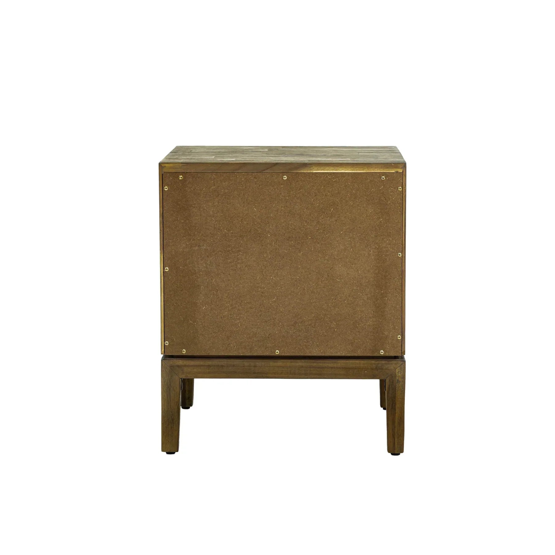 Front view of the West nightstand featuring a rich walnut finish, a single drawer with vertical ribbed detailing, and a lower open storage shelf