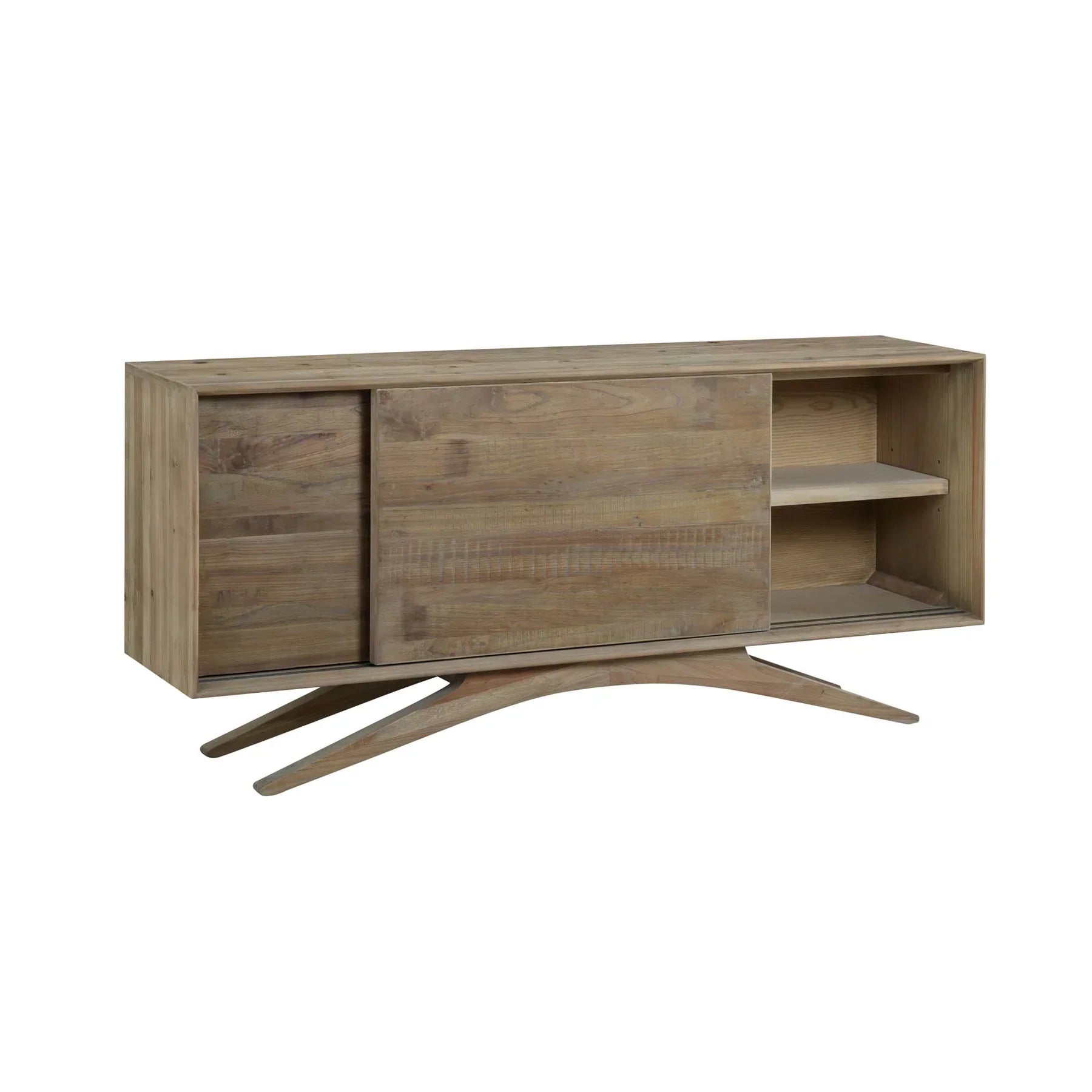 Front view of the Meridian sideboard in a white ash finish featuring three central drawers and two side cabinets with textured horizontal slats