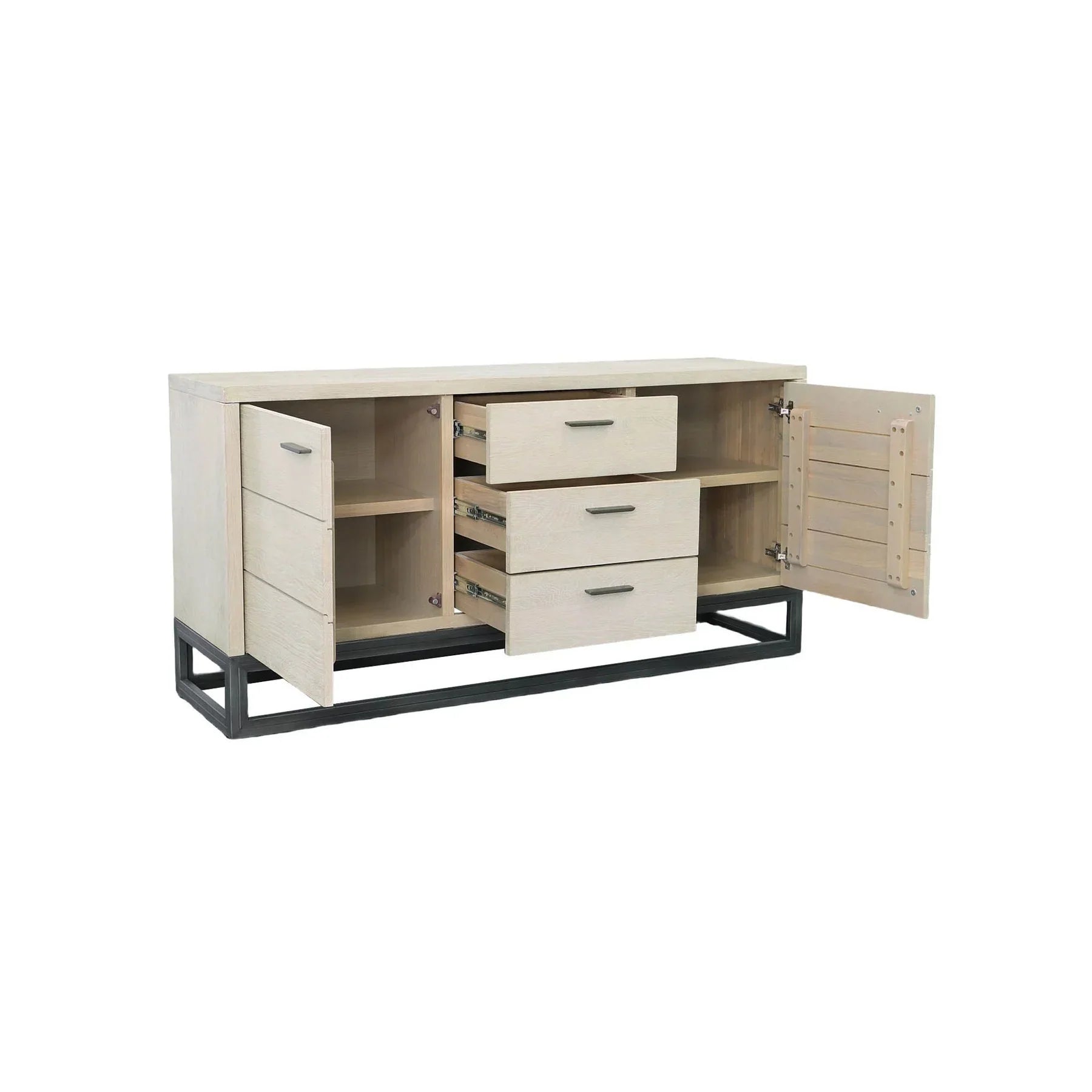Front perspective view of the Starlight sideboard featuring a white ash wood finish, six storage drawers, and a black industrial metal sled base