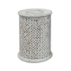 White Decker side table with distressed finish and intricate carved lattice pattern