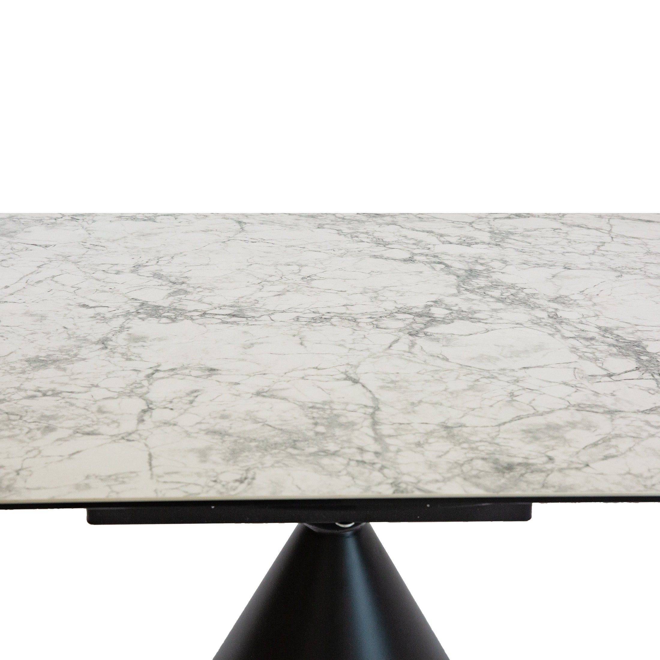 Bird's-eye view detail highlighting the realistic grey veining and smooth polished finish of the round faux marble tabletop