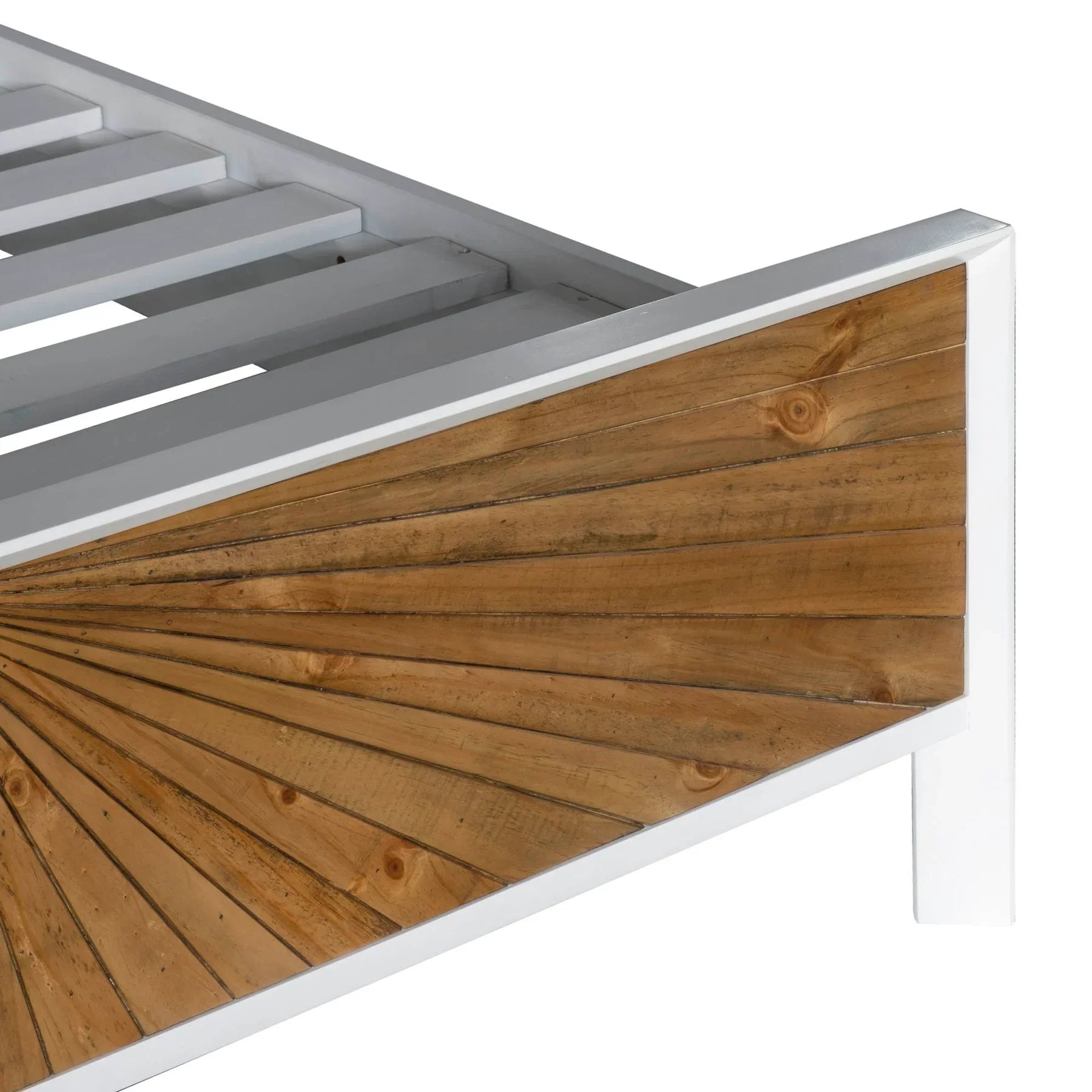 Front view of the Casablanca platform bed featuring a striking natural wood sunburst inlay on the headboard and footboard