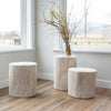 Lifestyle shot featuring a set of white wash wood stump tables of varying heights arranged near a window in a bright modern interior