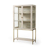 Three-quarter perspective view showcasing the interior shelving and the elegant contrast between the rustic wood finish and metallic base