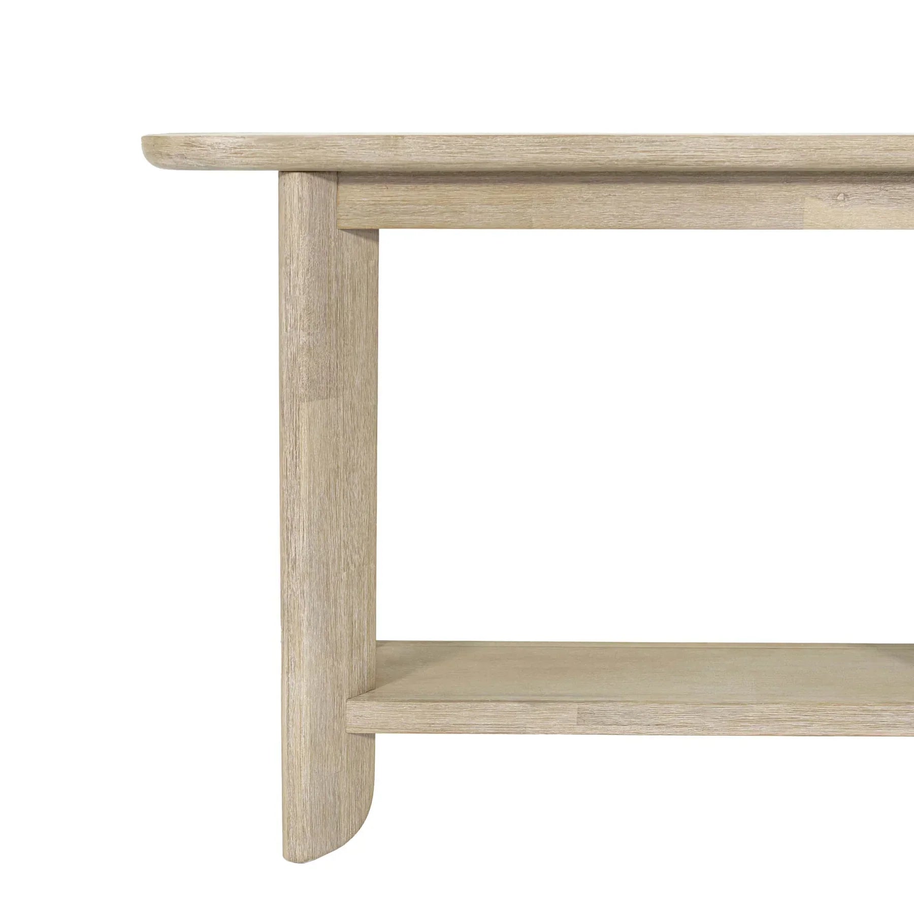 Straight-on front view of the Haru console table featuring a minimalist architectural design in whitewash solid wood