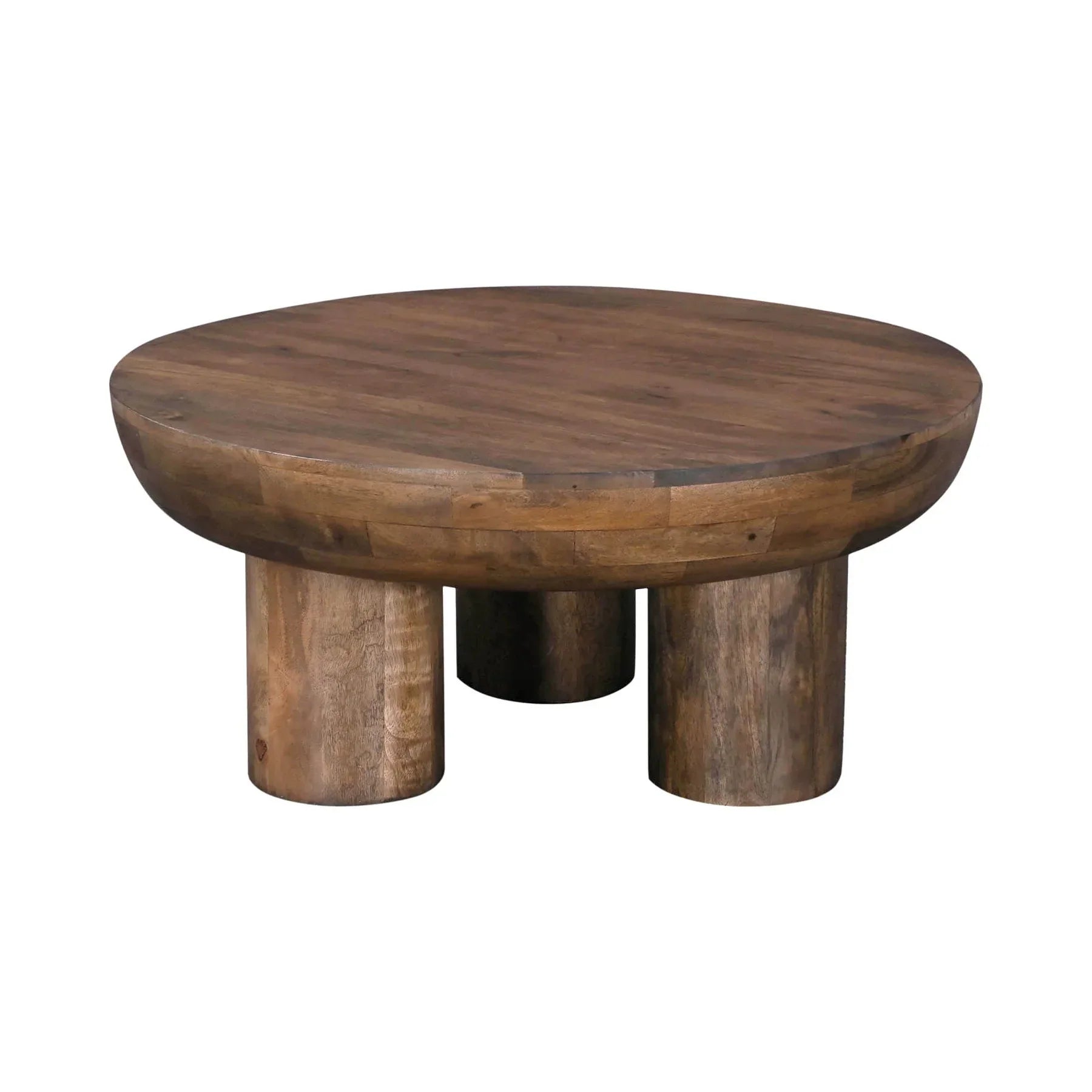 Front view of the Wilder round coffee table featuring a thick solid wood top and three chunky cylindrical pedestal legs