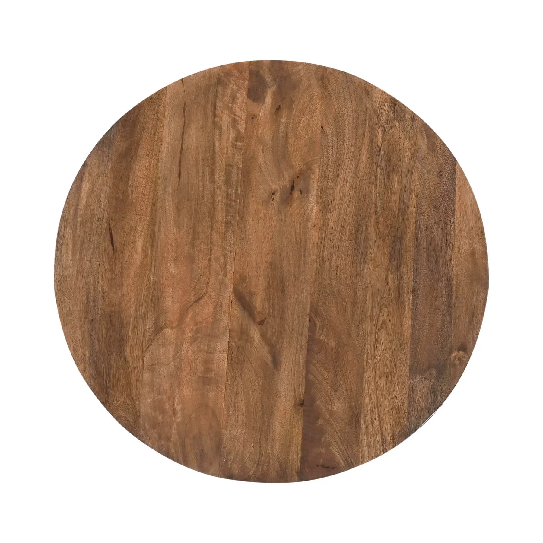 Front view of the Wilder round coffee table featuring a thick solid wood top and three chunky cylindrical pedestal legs