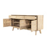 High-angle perspective shot showing both cabinet doors and top drawers open to highlight functional storage