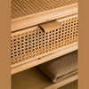 Close-up shot focusing on the intricate woven rattan texture and the natural leather tab pull on the top compartment