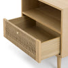 Close-up view of the open drawer highlighting the sturdy wood construction and minimalist brass-toned drawer pull