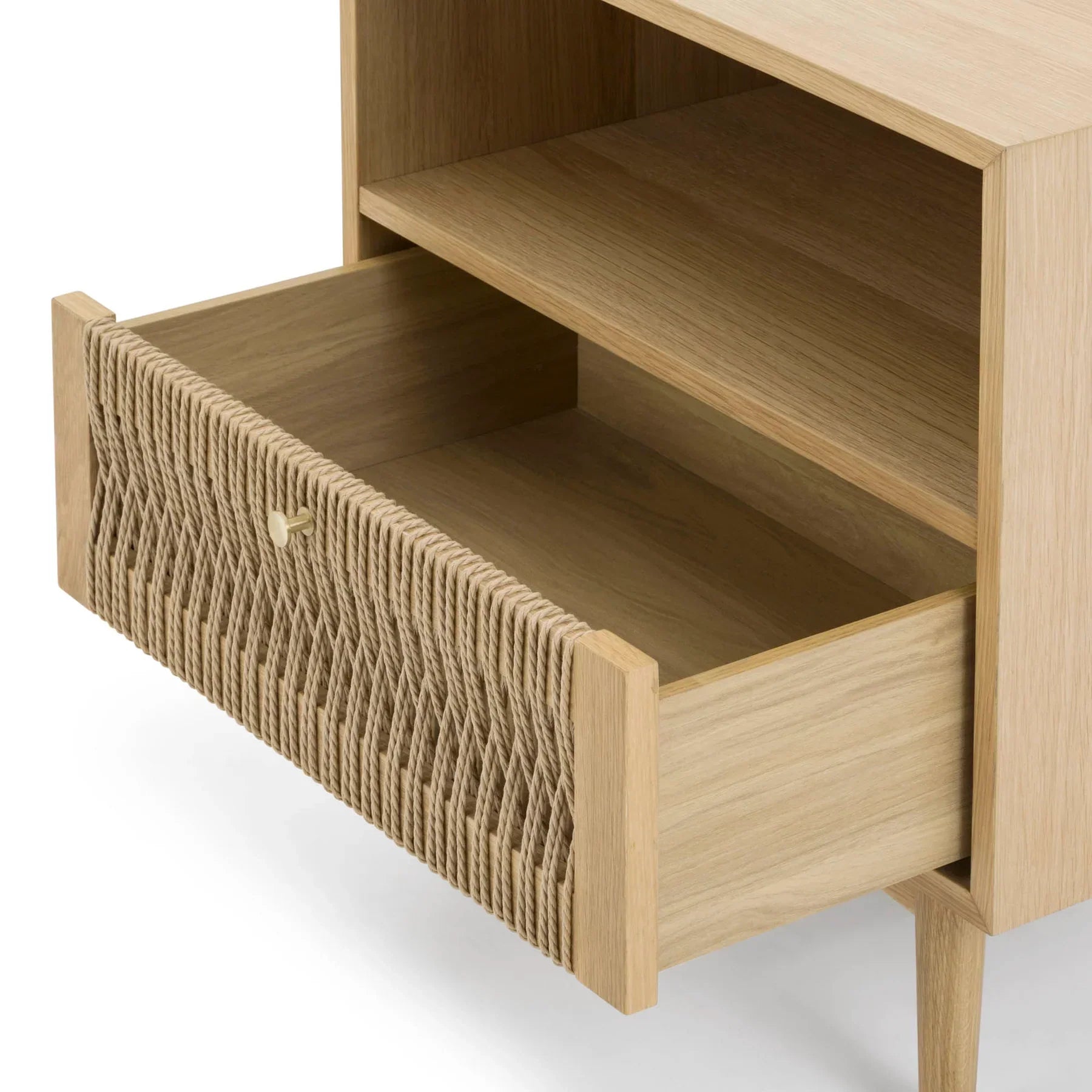 Front view of the Lumina nightstand featuring a light natural ash finish, an open upper shelf, and a unique woven rope drawer front