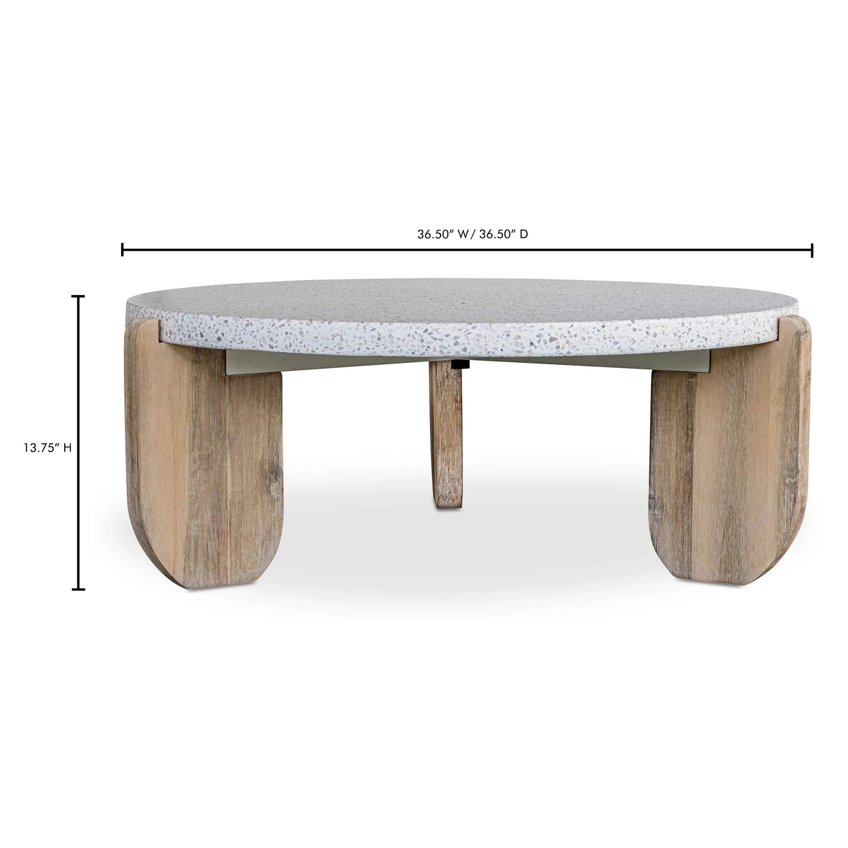 Front view of the Wunder coffee table featuring a thick circular white terrazzo top and three light wood sculptural legs
