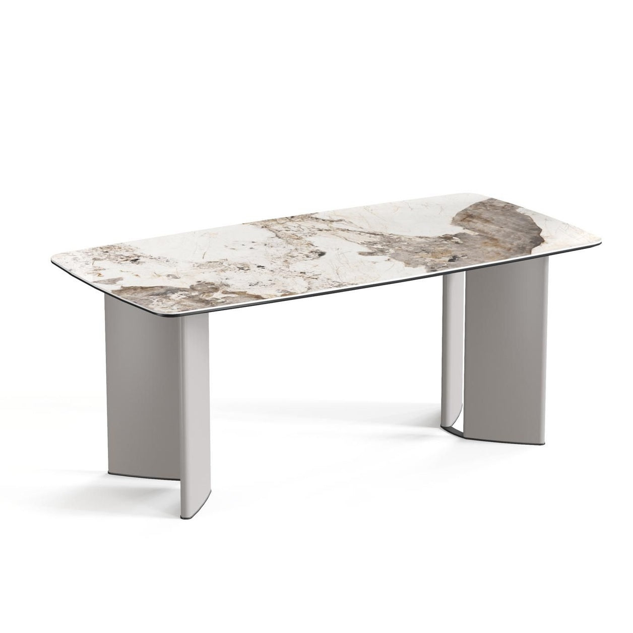 Three-quarter perspective view of the Yuki 71-inch dining table featuring a white ceramic top with bold natural veining and sleek grey tapered legs