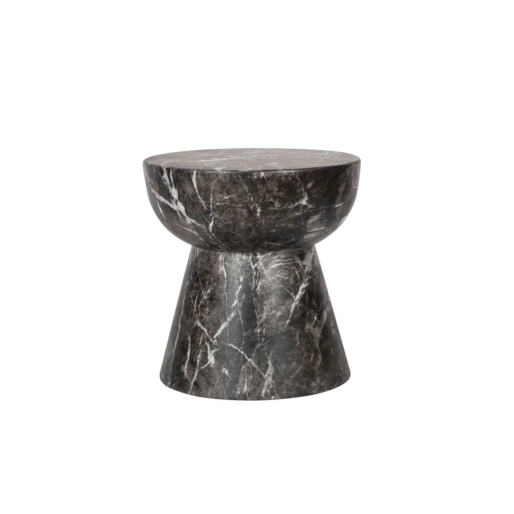 Three-quarter view of the Yves side table featuring a sculptural hourglass silhouette crafted from dark charcoal marble with prominent white veining