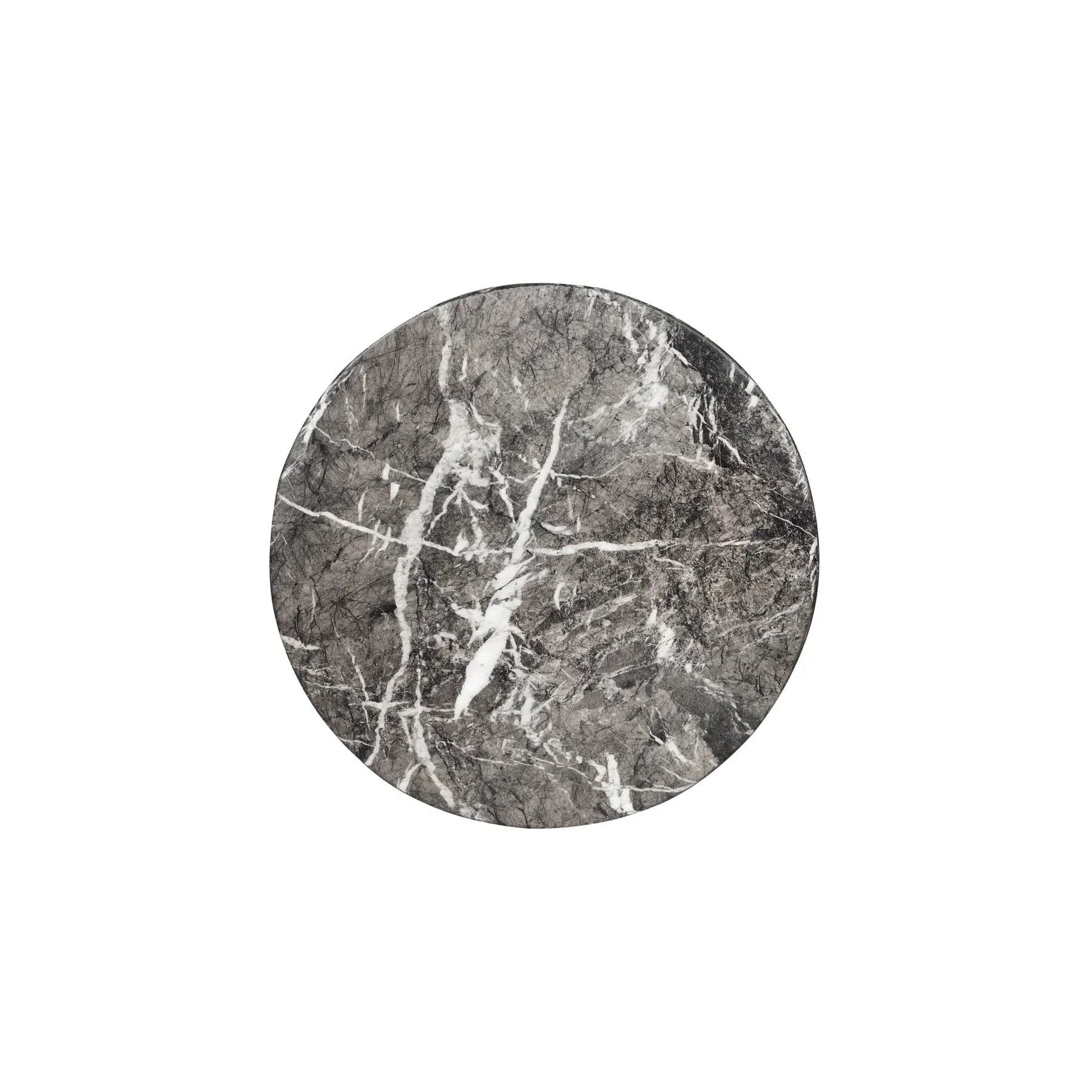 Three-quarter view of the Yves side table featuring a sculptural hourglass silhouette crafted from dark charcoal marble with prominent white veining