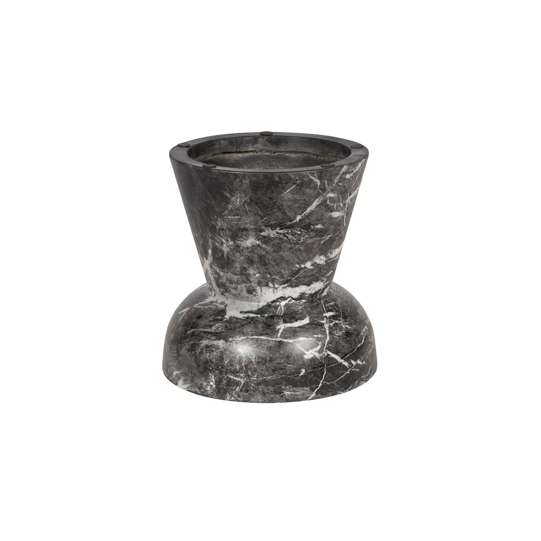 Three-quarter view of the Yves side table featuring a sculptural hourglass silhouette crafted from dark charcoal marble with prominent white veining