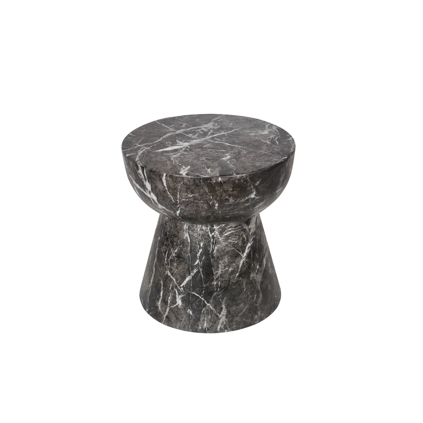 Three-quarter view of the Yves side table featuring a sculptural hourglass silhouette crafted from dark charcoal marble with prominent white veining